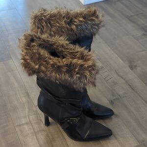 George Black Heeled Boots with Faux Fur Trim